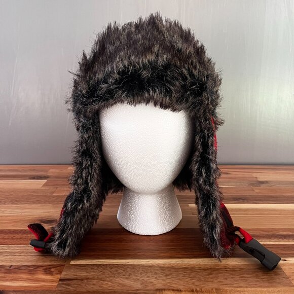 Earth Ragz Trapper Hat Buffalo Red Black Plaid Faux Fur Ear Flaps Hunting Winter - Picture 2 of 9